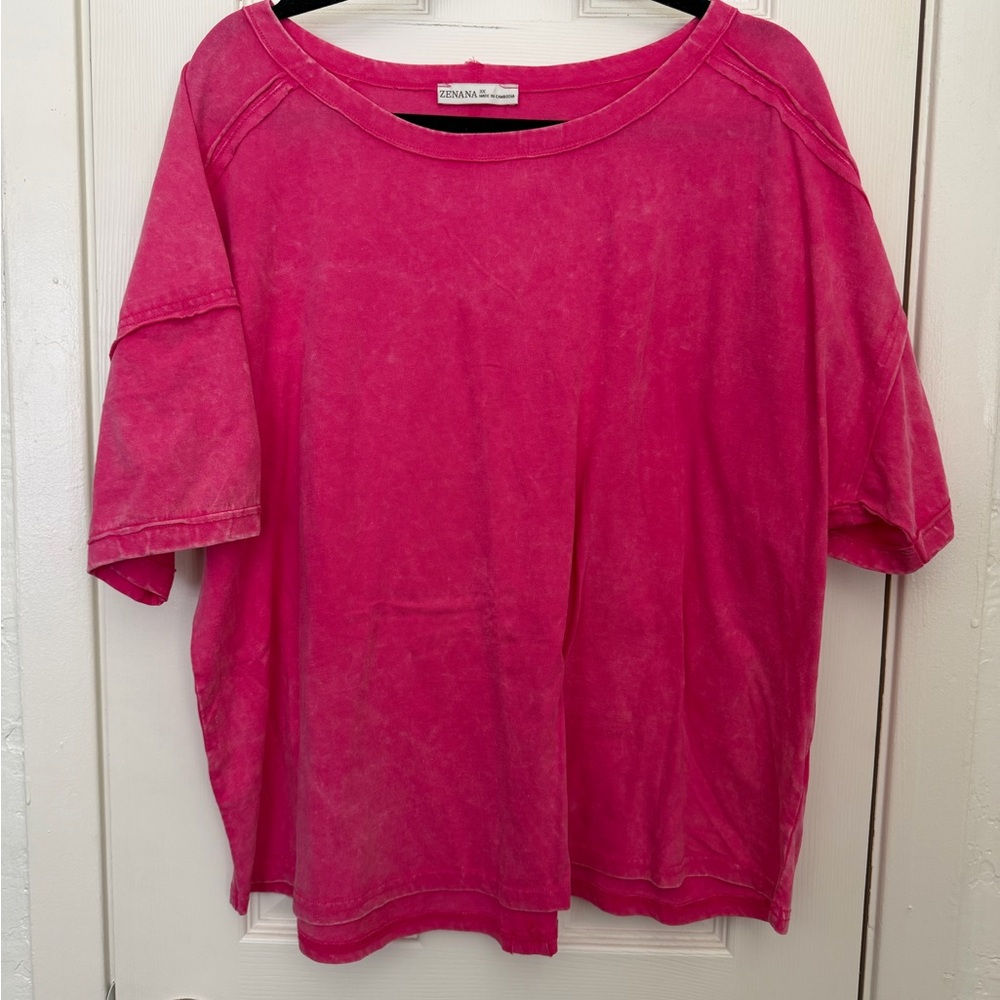Zenana Outfitters Hot Pink Washed Crewneck Pullover